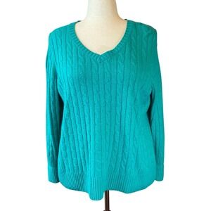 JCPenney Womens Teal Cable Knit V Neck Merino Blend Sweater Long Sleeve